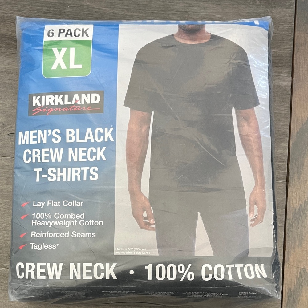 Kirkland Signature Men's Black Crew Neck T-Shirts - 6 Pack XL